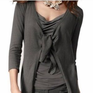 CAbi SET, size SMALL: gray draped-front rayon tee and tie-front cotton cardigan